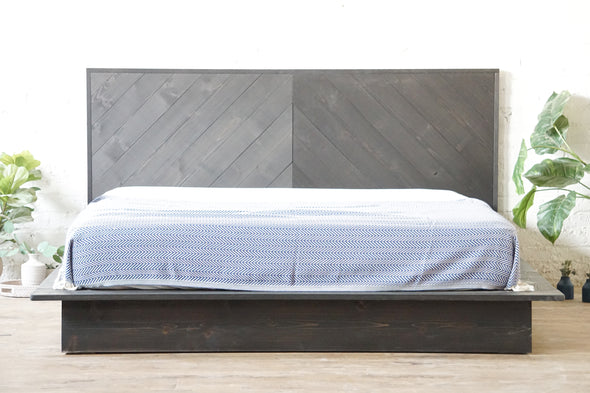 Natural solid wood platform bed frame. Modern, rustic design. Made in the USA. Chevron pattern headboard. Sustainably sourced materials. 