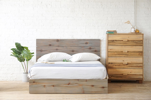 Natural solid wood platform bed frame. Modern, rustic design. Made in the USA. Sustainably sourced materials.