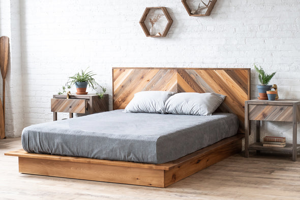 Natural solid wood platform bed frame. Modern, rustic design. Made in the USA. Chevron pattern headboard. Sustainably sourced materials. 