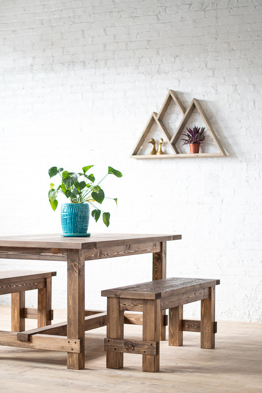 American made furniture including tables and dining room tables. Natural solid wood table. Farmhouse style. Refined rustic. Farm table and bench. Heirloom quality. Sustainably sourced materials.
