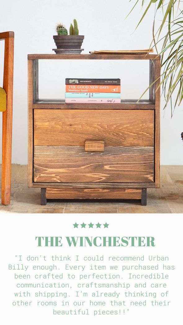 Positive customer review for The Winchester End Table. Natural solid wood end table or nightstand with shelf and drawer for storage. Handcrafted in the USA.