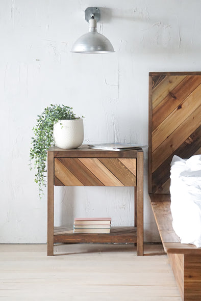 Natural solid wood end table or nightstand with a rustic chevron pattern. Uniquely beautiful design. Handcrafted in the USA. 