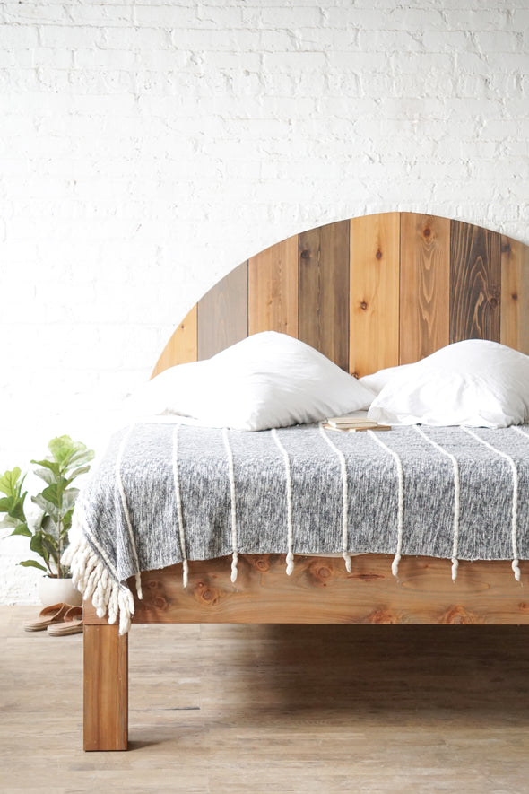 Round headboard. Natural solid wood headboard or bed board. Unique and eclectic design. Boho. Handcrafted in the USA. Heirloom quality furniture. Sustainably sourced materials.