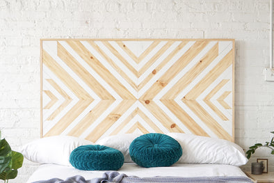 Natural solid wood headboard or bed board with platform bed frame. Unique and eclectic design. Handcrafted in the USA. Heirloom quality furniture. Sustainably sourced materials. Bedroom.