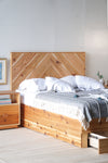 Storage bed. Platform bed frame. Natural solid wood headboard or bed board. Unique and eclectic design. Handcrafted in the USA. Heirloom quality furniture. Sustainably sourced materials. Bedroom furniture. Drawers.