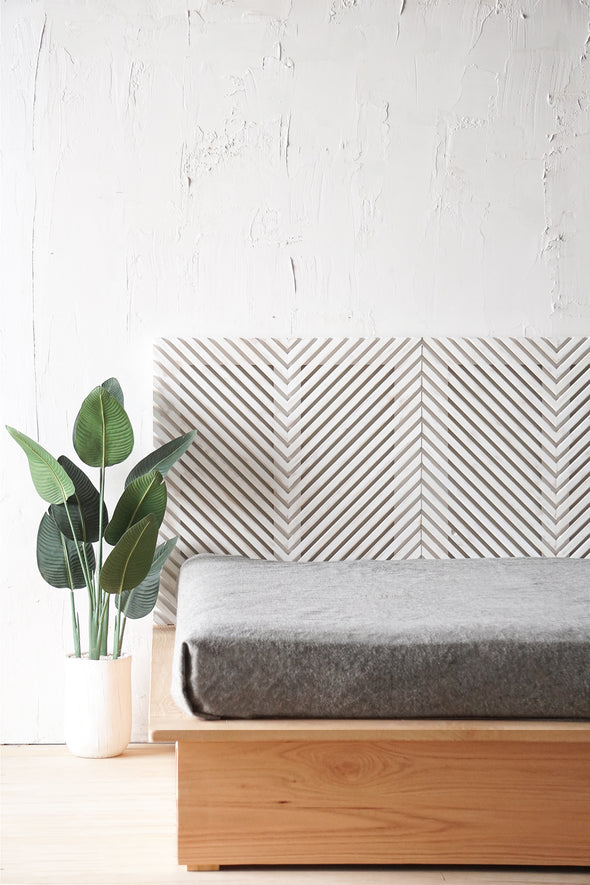 Natural solid wood fluted headboard. Handcrafted in the USA. Rustic, modern design. Organic. Boho. Farmhouse. Bed board. Bedroom. Furniture.