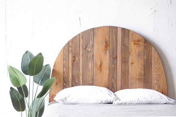Round headboard. Natural solid wood headboard or bed board. Unique and eclectic design. Boho. Handcrafted in the USA. Heirloom quality furniture. Sustainably sourced materials.
