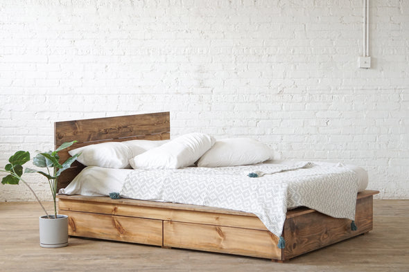Storage bed. Natural solid wood platform bed frame. Headboard. Modern, rustic design. Made in the USA. Sustainably sourced materials.