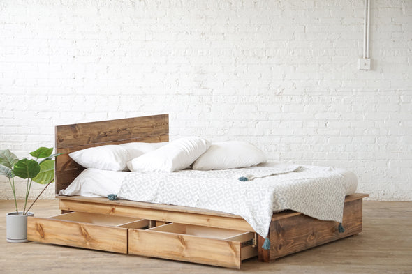 Storage bed. Natural solid wood platform bed frame. Headboard. Modern, rustic design. Made in the USA. Sustainably sourced materials.