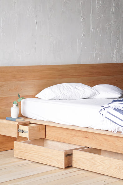 Dakota and Bluff - Floating Platform Storage Bed - Extra Wide Extended Headboard - Floating Drawers - Solid Wood - Handmade in USA