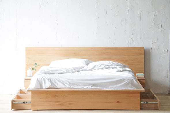 Dakota and Bluff - Floating Platform Storage Bed - Extra Wide Extended Headboard - Floating Drawers - Solid Wood - Handmade in USA