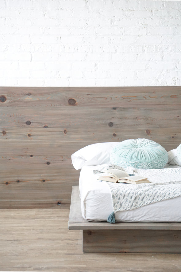 American made furniture including platform bed frames, headboards, and bed boards. Extended headboard with drawers. Natural solid wood. Refined rustic. Heirloom quality. Sustainably sourced materials. Outdoors inspired. Bedroom furniture. Oak. 