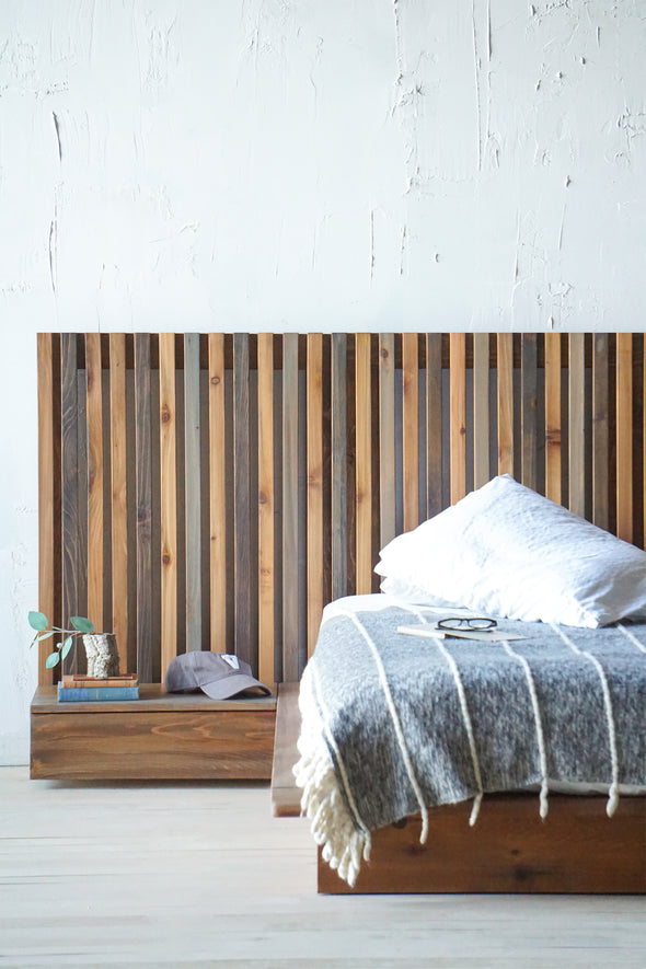 Natural solid wood fluted headboard and bed frame. Extended headboard with floating drawers. Handcrafted in the USA. Rustic, modern design. Heirloom quality furniture. Low profile design. 