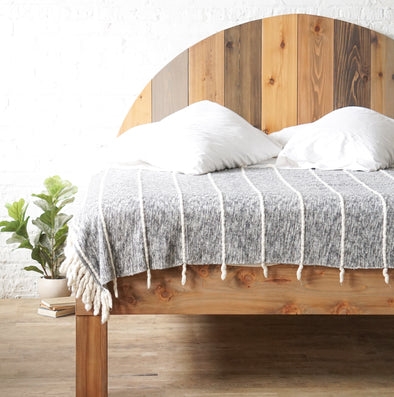 Round headboard. Natural solid wood headboard or bed board. Platform Bed Frame, Unique and eclectic design. Boho. Handcrafted in the USA. Heirloom quality furniture. Sustainably sourced materials. Bedroom.