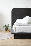 Natural solid wood platform bed frame. Headboard. Modern, rustic design. Made in the USA. Sustainably sourced materials. 