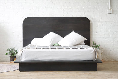 Natural solid wood platform bed frame. Headboard. Modern, rustic design. Made in the USA. Sustainably sourced materials. 