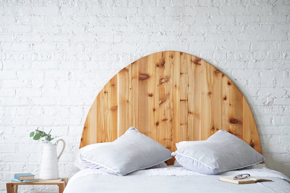 Round headboard. Natural solid wood headboard or bed board. Unique and eclectic design. Boho. Handcrafted in the USA. Heirloom quality furniture. Sustainably sourced materials.