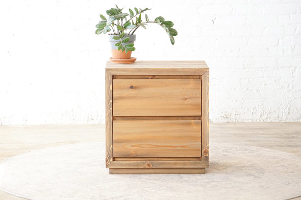 Natural solid wood end table or nightstand. Double drawers for storage and space. Home storage and décor. Handcrafted in the USA.