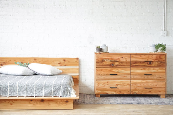 Natural solid wood platform bed frame. Headboard. Modern, rustic design. Made in the USA. Sustainably sourced materials.