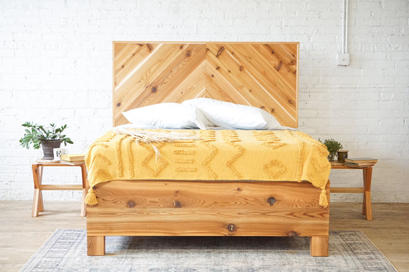 Natural solid wood platform bed frame with storage drawers. Modern, rustic design. Made in the USA. Sustainably sourced materials. Heirloom quality furniture. 