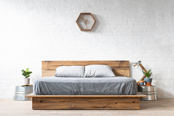 Natural solid wood platform bed frame. Headboard. Modern, rustic design. Made in the USA. Sustainably sourced materials. 