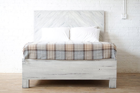 Natural solid wood platform bed frame with storage drawers. Modern, rustic design. Made in the USA. Sustainably sourced materials. Heirloom quality furniture.