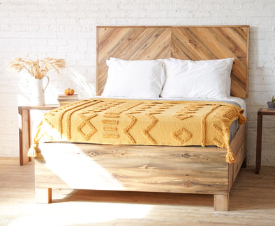 Natural solid wood platform bed frame with storage drawers. Modern, rustic design. Made in the USA. Sustainably sourced materials. Heirloom quality furniture. 