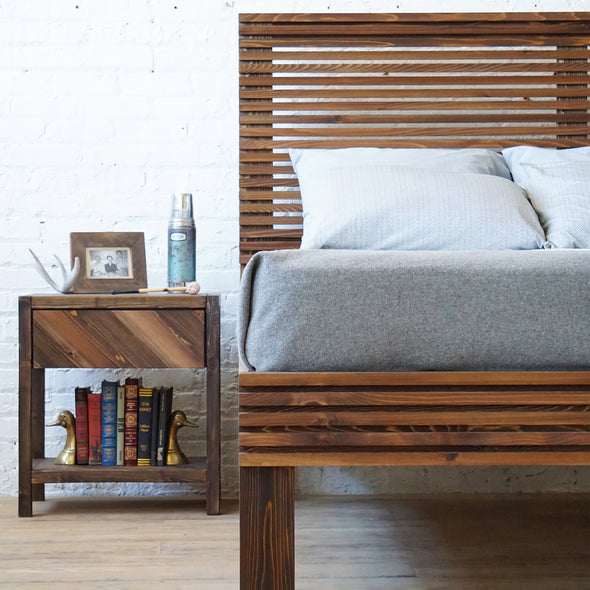 Natural solid wood fluted headboard and bed frame. Handcrafted in the USA. Rustic, modern design. Heirloom quality furniture.