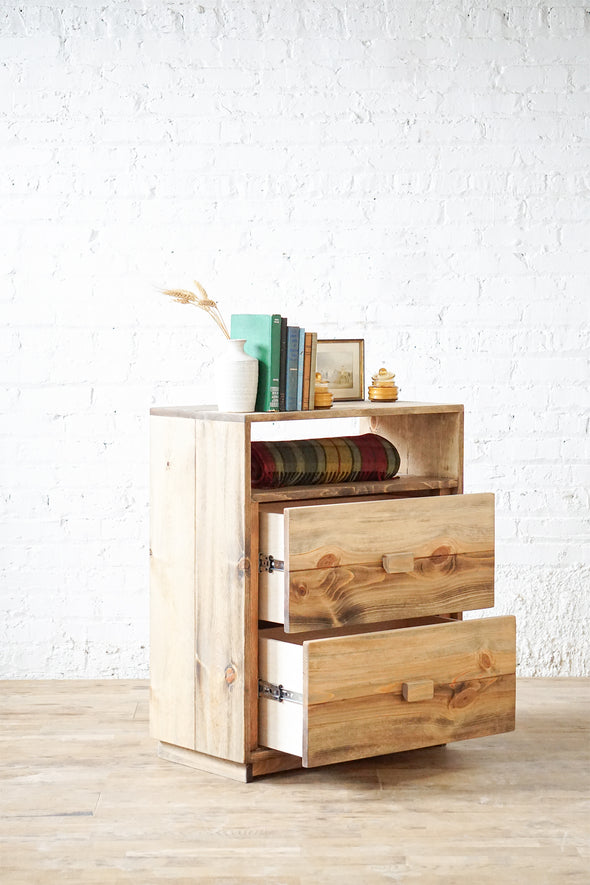 Natural solid wood end table or nightstand. Double drawers and shelf for storage and space. Home storage and décor. Handcrafted in the USA. Sustainably sourced materials. Heirloom quality furniture. Refined rustic. Modern rustic. Antique inspired. Bedroom furniture.