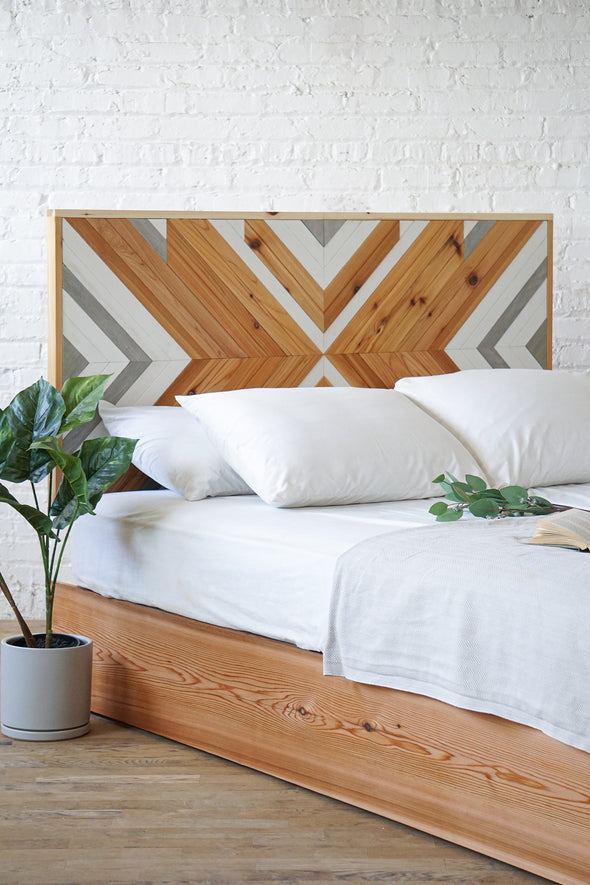 Natural solid wood headboard or bed board. Unique and eclectic design. Handcrafted in the USA. Heirloom quality furniture.