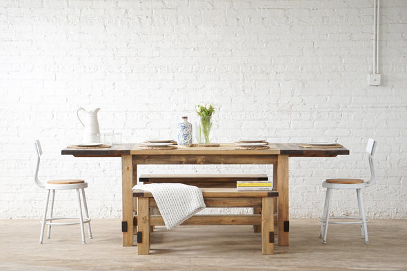 American made furniture including tables and dining room tables. Natural solid wood table. Farmhouse style. Refined rustic. Farm table and bench. Heirloom quality. Sustainably sourced materials.