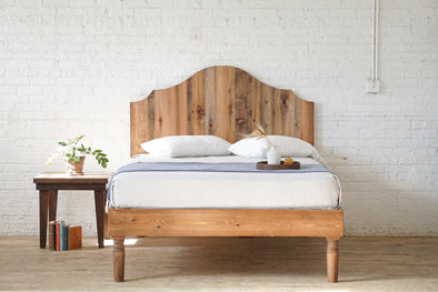 Natural solid wood platform bed frame with spun legs. Rustic antique inspired. Americana design. Handcrafted in the USA. Heirloom quality furniture. 