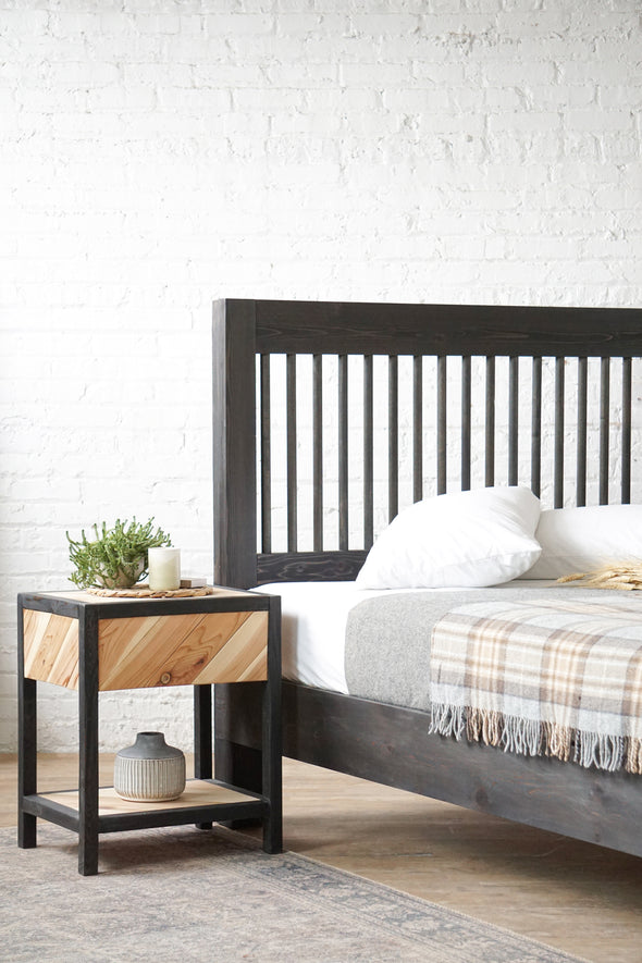 Platform bed frame and headboard set. Made of natural solid wood. Handcrafted in the USA. Heirloom quality furniture. Sustainably sourced materials. Refined rustic design. 