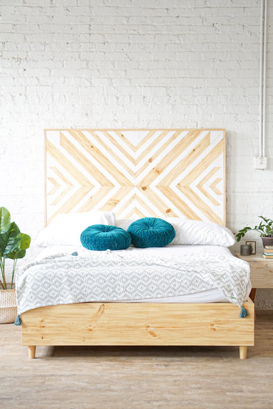 Natural solid wood headboard or bed board with platform bed frame. Unique and eclectic design. Handcrafted in the USA. Heirloom quality furniture. Sustainably sourced materials.