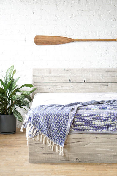 Natural solid wood platform bed frame. Modern, rustic design. Made in the USA. Sustainably sourced materials.
