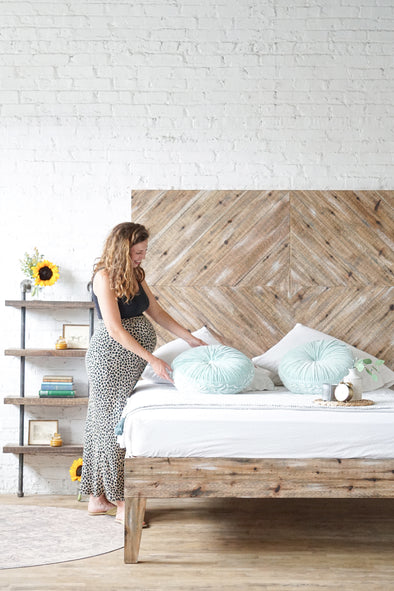 American made furniture. Platform bed frame. Extra large headboard. Bed board. Natural solid wood. Refined rustic. Heirloom quality. Sustainably sourced materials. Outdoors inspired. Bedroom furniture. Double chevron.