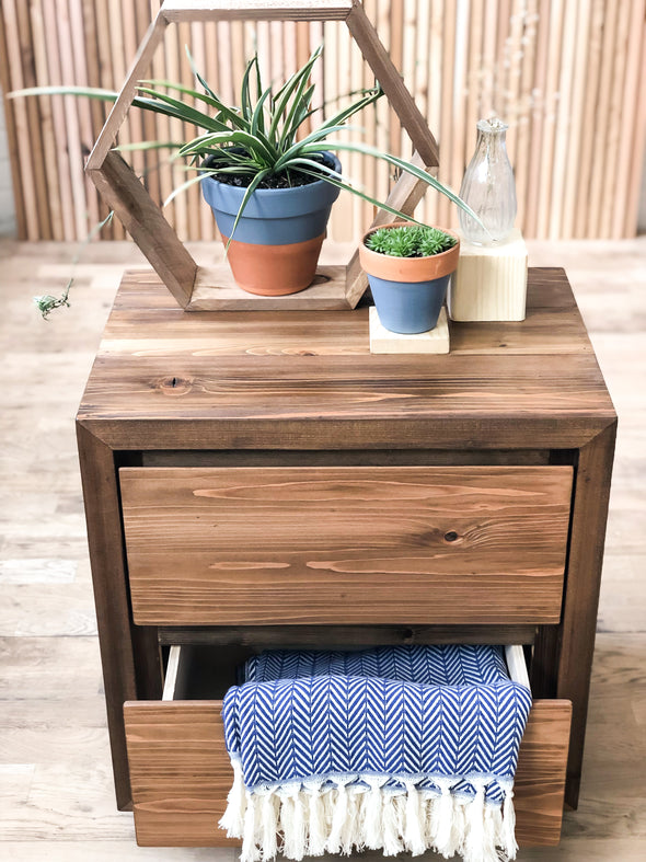 Natural solid wood end table or nightstand. Double drawers for storage and space. Home storage and décor. Handcrafted in the USA.