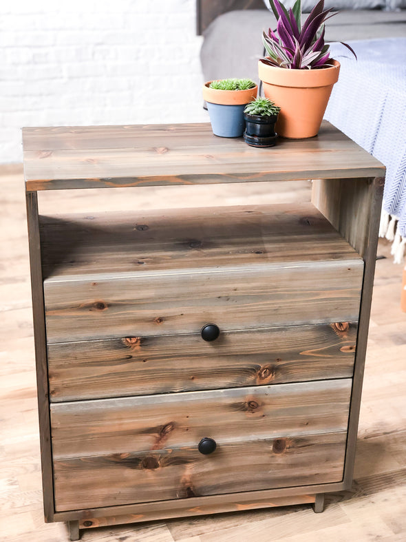 Natural solid wood end table or nightstand. Double drawers and shelf for storage and space. Home storage and décor. Handcrafted in the USA. Sustainably sourced materials. Heirloom quality furniture. Refined rustic. Modern rustic. Antique inspired. Bedroom furniture.