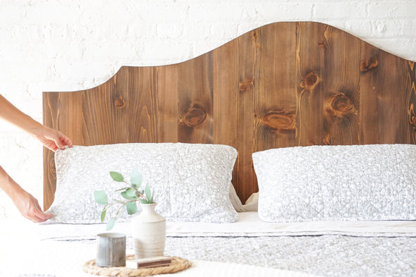Natural solid wood headboard. Americana design. Rustic antique inspired. Handcrafted in the USA. Heirloom quality furniture.