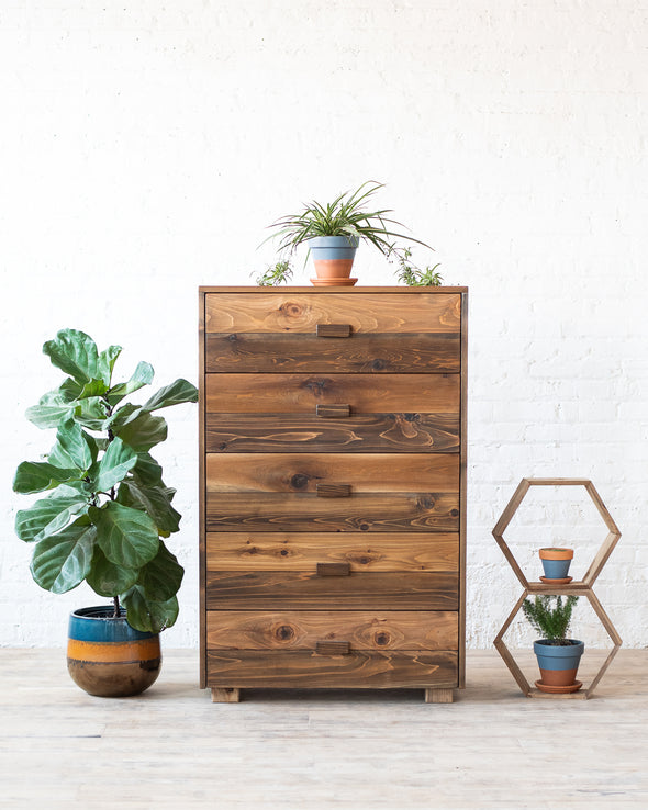 Tall dresser or chest. Drawers for home storage. Bedroom furniture. Made in USA. Natural solid wood. Handmade. 