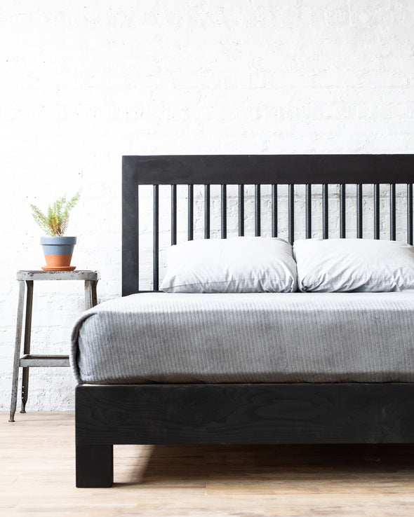 Platform bed frame and headboard set. Made of natural solid wood. Handcrafted in the USA. Heirloom quality furniture. Sustainably sourced materials. Refined rustic design.