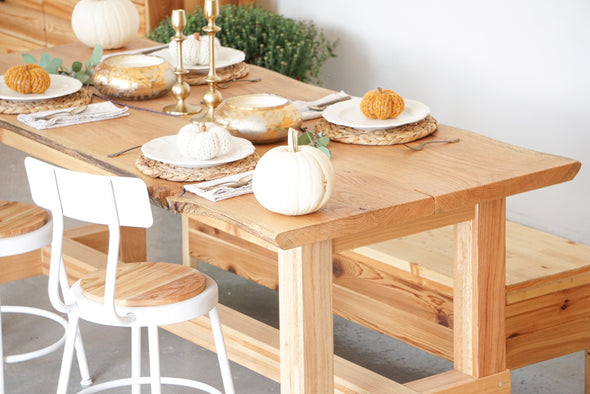 Live edge. American made furniture including tables and dining room tables. Natural solid wood table. White oak. Refined rustic. Modern rustic. Heirloom quality furniture. Sustainably sourced materials. Outdoors inspired. 