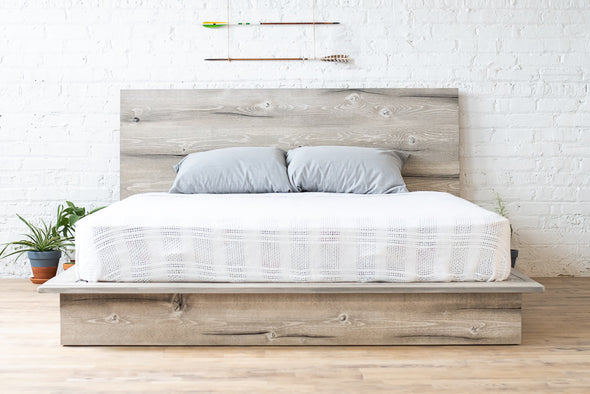 Natural solid wood platform bed frame. Modern, rustic design. Made in the USA. Sustainably sourced materials. 