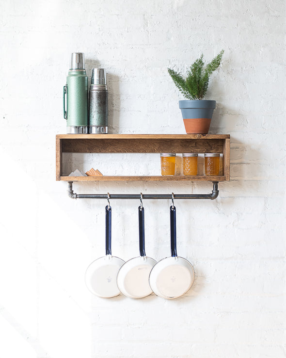 Rustic Shelf with Industrial Hanger - Pot Rack - Coat Hanger - Spice Rack - Handmade in USA