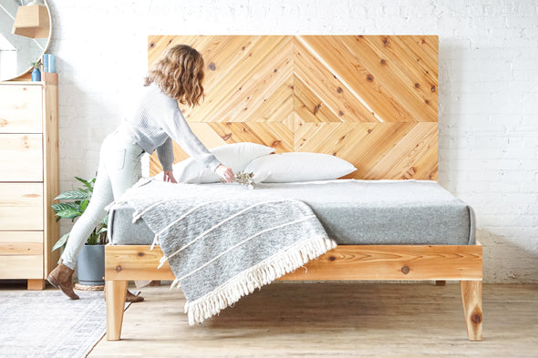 American made furniture. Platform bed frame. Extra large headboard. Bed board. Natural solid wood. Refined rustic. Heirloom quality. Sustainably sourced materials. Outdoors inspired. Bedroom furniture. Double chevron.