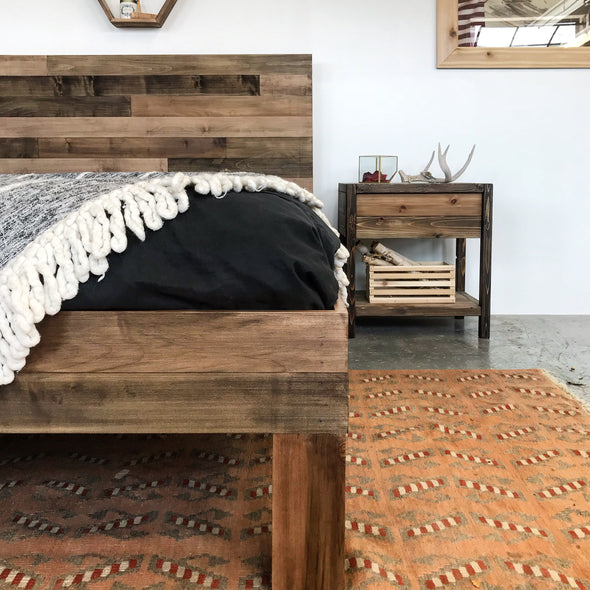 Platform bed frame and headboard set. Made of natural solid wood. Handcrafted in the USA. Heirloom quality furniture. Sustainably sourced materials. 