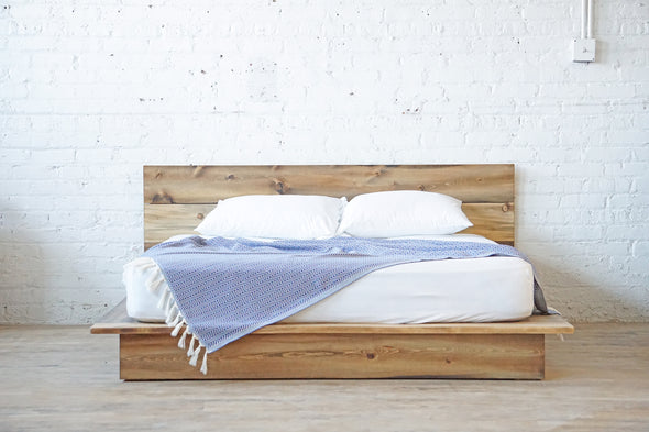 Natural solid wood platform bed frame. Headboard. Modern, rustic design. Made in the USA. Sustainably sourced materials.
