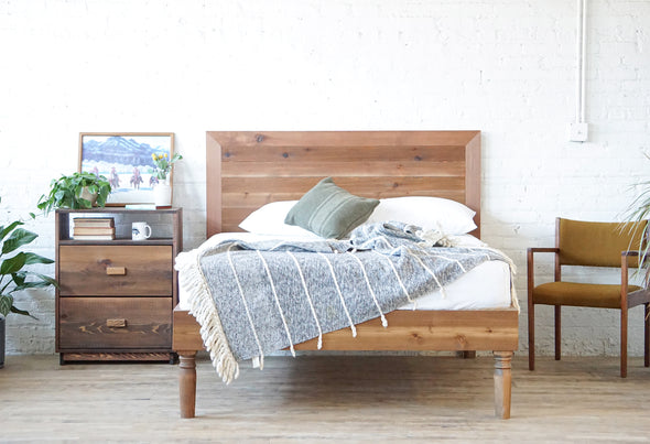 Natural solid wood platform bed frame with spun legs. Vintage style design. Made in the USA. Antique inspired. Heirloom quality furniture.