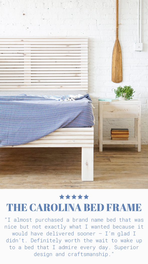 Positive customer review for the Carolina Bed Frame. Natural solid wood fluted headboard and bed frame. Handcrafted in the USA. Rustic, modern design. Heirloom quality furniture.