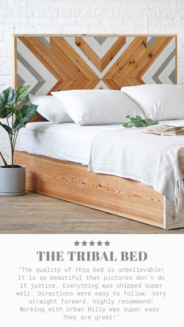 Positive customer review for The Tribal Bed. Natural solid wood headboard or bed board. Platform bed frame. Artistic. Unique. Eclectic design. Handcrafted in the USA. Heirloom quality. Sustainably sourced materials.